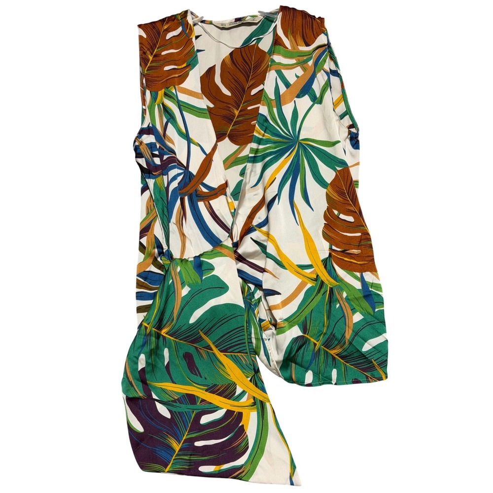 Zara Basic Womens XS Tropical Palm Leaf Print Draped Wrap Tie Side Blouse Top